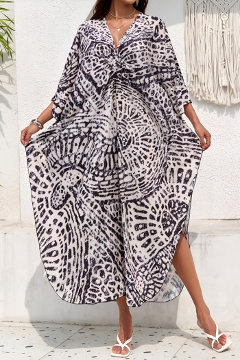 stylish graphic printing v-neck braided loose beach robe cover-up#6#