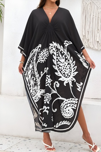stylish graphic printing v-neck braided loose beach robe cover-up#8#