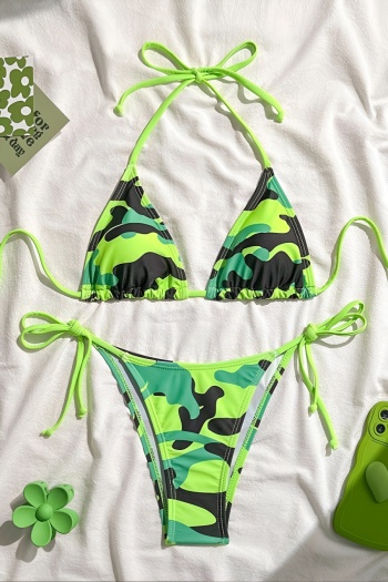 xs-l sexy camo printing padded halter-neck self-tie triangle bikini set