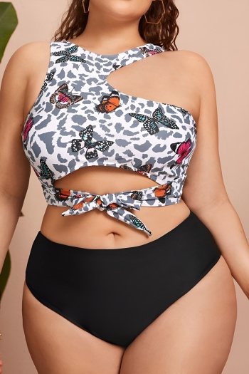stylish plus size leopard butterfly print padded hollow lace-up tankini set