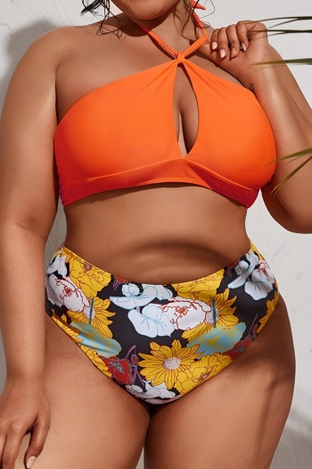 sexy plus size flower printing padded high waist halter-neck lace-up tankini set