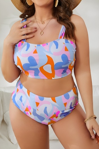 stylish plus size graphic print padded high waist adjustable straps tankini set