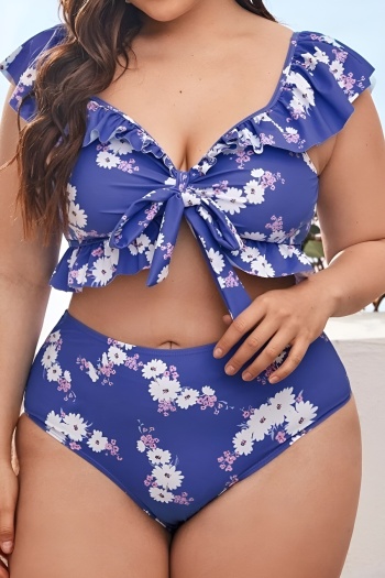 stylish plus size flower print padded v-neck ruffle high waist tankini set