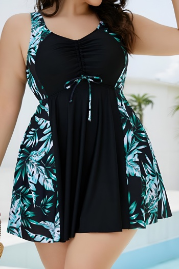 stylish plus size leaf printing padded dress style with trunks tankini set