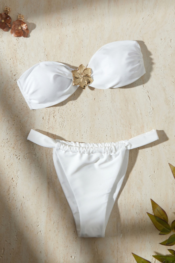 sexy metallic flower decor solid color padded bandeau bikini set with removable straps