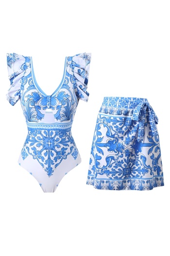 elegant retro graphic print padded v-neck ruffle one-piece swimwear & skirt