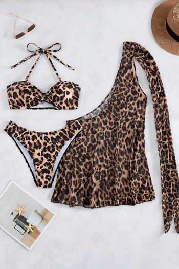 sexy leopard printing removable padding halter-neck lace-up three-piece swimsuit