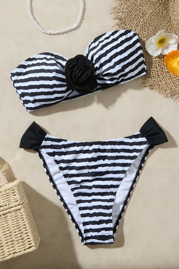 sexy stripe print 3d flower decor padded bandeau bikini set