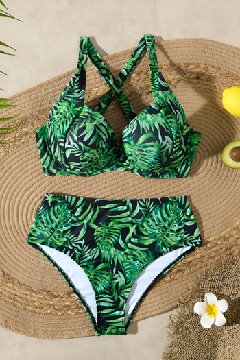 sexy leaf printing non-removable padding underwire high waist tankini set