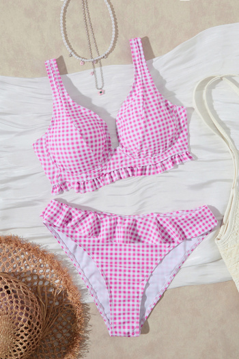 french chic style checkered print 3 colors padded underwire ruffle tankini set