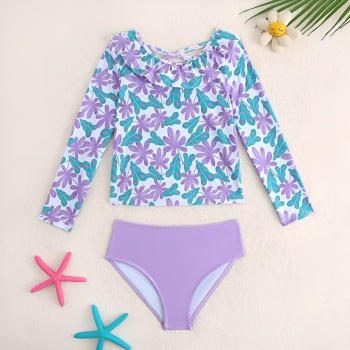 kids digital printing non-padded long sleeve cute two-piece swimsuit