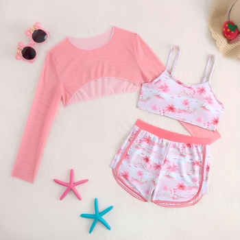girl teen coconut tree printing padded cute three-piece swimsuit