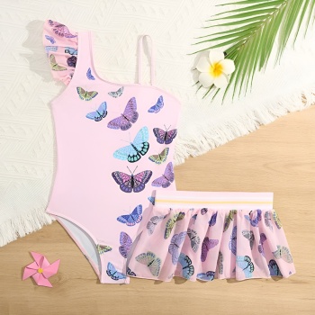 kids butterfly printing non-padded ruffle one-piece swimsuit with mini skirt
