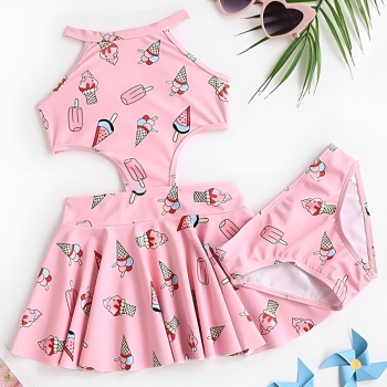 kids ice cream printing non-padded hollow dress style two-piece swimwear