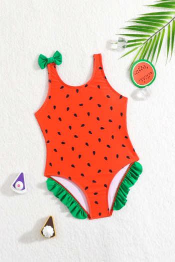 kids watermelon printing non-padded bow ruffle one-piece swimwear