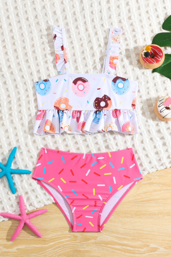 kids donut printing non-padded ruffle high waist tankini set