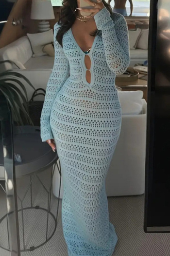 sexy knitted hollow slim long sleeve slit beach cover-up size run small