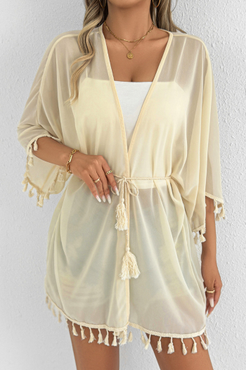 beach chiffon see-through solid color tassel with belt design cover up