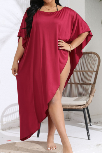 beach plus size slight stretch solid large round neck irregular cover up