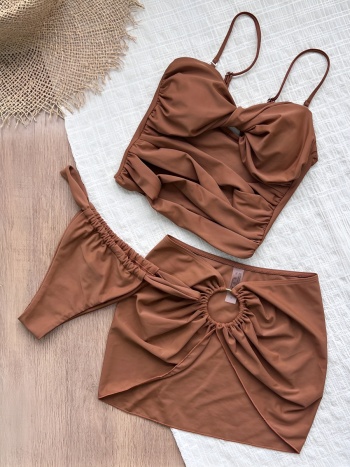 sexy pure color padded hollow ring linked three-piece swimsuit