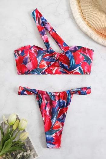 sexy floral printing removable padded one shoulder bikini set
