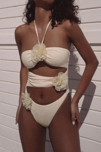 sexy floral print 3d flower padded halter-neck one-piece swimwear