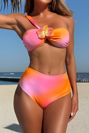 sexy gradient color 3d flower decor padded one shoulder high waist bikini set