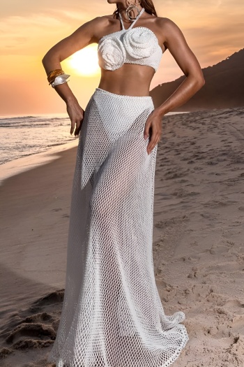 elegant slight stretch cut out fishnet padded 3d flower three-piece swimwear