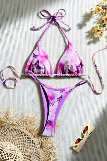 sexy butterfly print removable padding braided halter-neck triangle bikini set