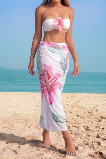 sexy 3d flower decor floral print padded bandeau mesh skirt three-piece swimsuit