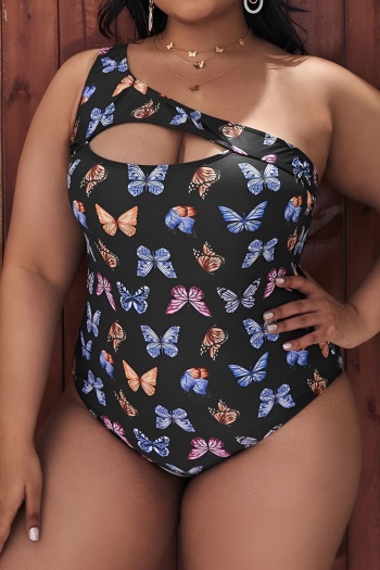 sexy plus size butterfly print padded hollow out one shoulder one-piece swimsuit