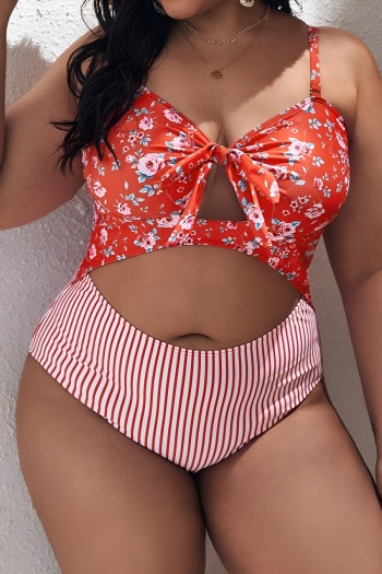 sexy plus size floral and stripe printing padded hollow out one-piece swimsuit