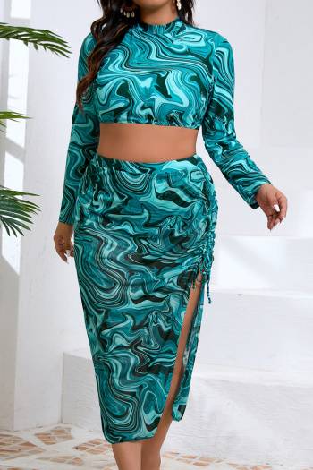 stylish plus size tie dye padded long sleeve mesh skirt three-piece swimsuit