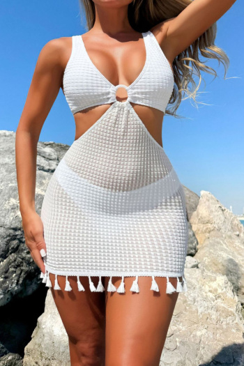 sexy pure color textured padded hollow tassel dress style two-piece swimsuit