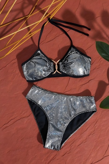 sexy holographic metal decor removable padding halter-neck lace-up bikini set
