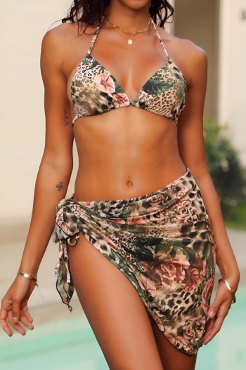 sexy leopard and flower printing padded halter-neck three-piece swimwear