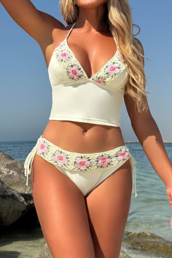 sexy flower crochet stitching padded halter-neck lace-up tankini set
