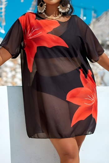 stylish plus size flower printing padded mesh cover-up three-piece swimwear