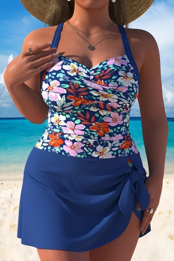 stylish plus size flower printing padded dress style one-piece swimsuit