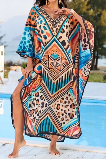 stylish retro positioning print v-neck loose beach robe cover-up
