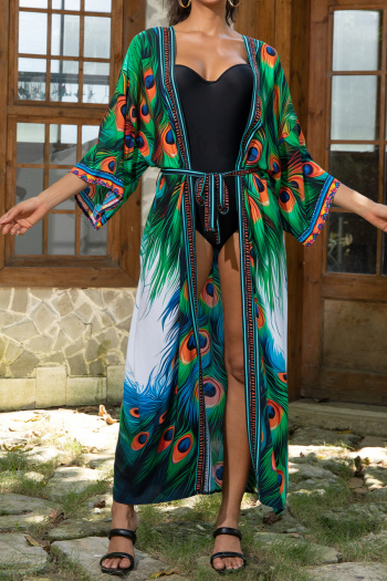 stylish peacock feather print with belt cover-up(only cover-up)