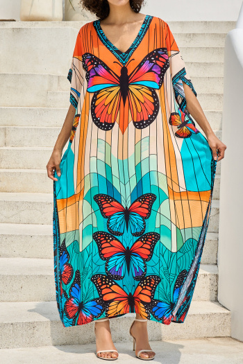 stylish ethnic positioning print v-neck loose beach maxi robe cover-up#9#