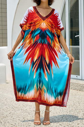 stylish ethnic positioning print v-neck loose beach maxi robe cover-up#11#