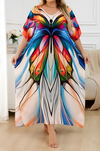 stylish graphic positioning print v-neck loose beach robe cover-up#1#