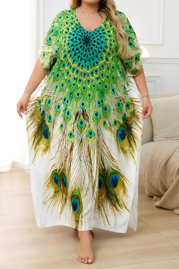 stylish graphic positioning print v-neck loose beach robe cover-up#3#