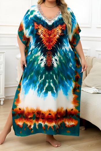 stylish graphic positioning print v-neck loose beach robe cover-up#4#