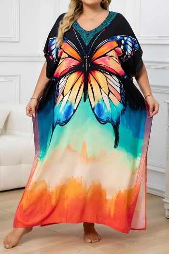 stylish graphic positioning print v-neck loose beach robe cover-up#11#