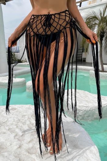sexy cut out knitted pure color tassel beach skirt cover-up(only skirt)