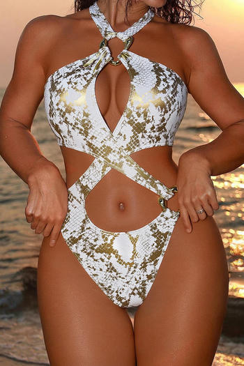 sexy snake print padded hollow halter-neck ring linked one-piece swimsuit