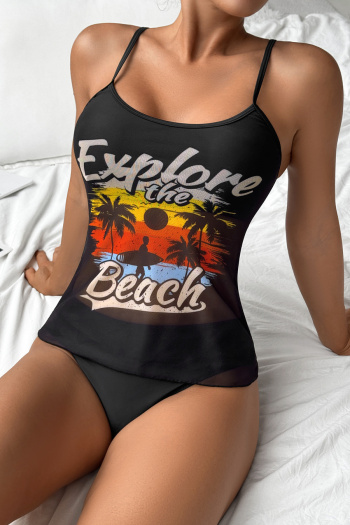 stylish positioning print mesh stitching padded  backless sling tankini set
